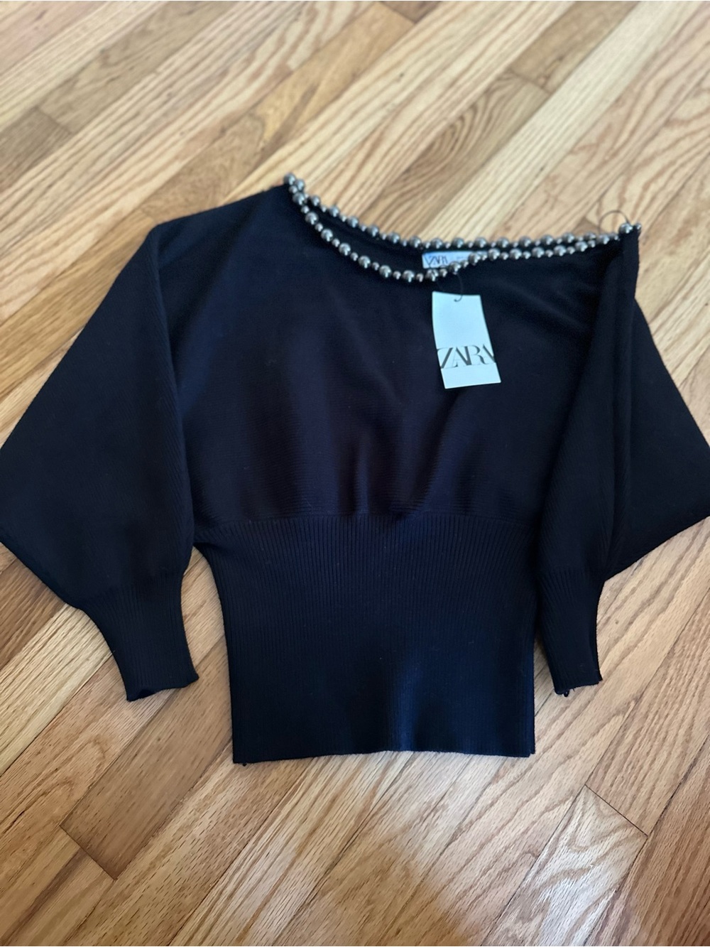 Zara Black Knit Top with Pearl-Trim Neckline
